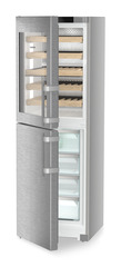 Product image, Perspective: oblique half-open empty, Combination with NoFrost freezer compartment and wine tempering compartment, Casing colour: silver, Door colour: stainless steel