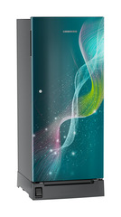 Product image, Perspective: oblique closed, Single-door refrigerator 202 l in 5 star with inverter compressor, Casing colour: grey, Door colour: Teal Strings