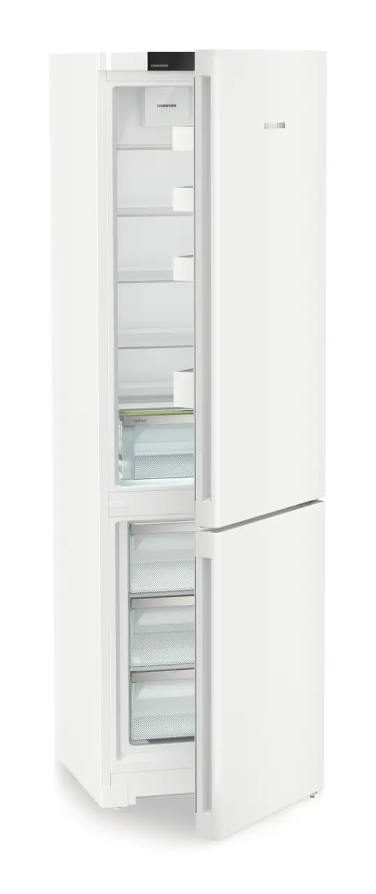 Product image, Perspective: oblique half-open empty, Combined fridge-freezers with EasyFresh and NoFrost, Casing colour: white, Door colour: white