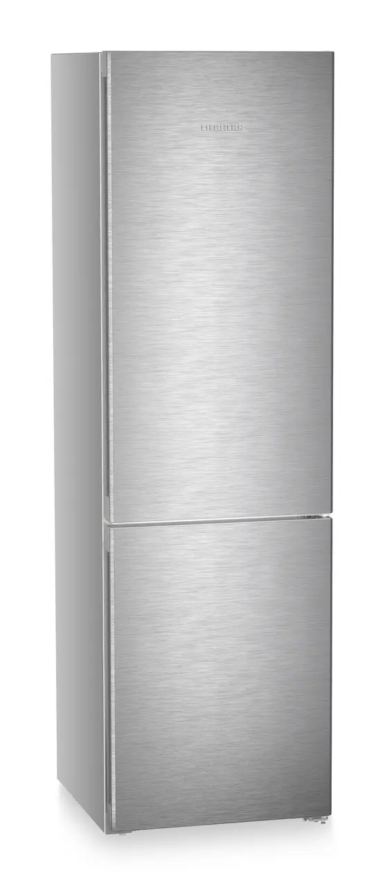 Product image, Perspective: oblique closed, Combined fridge-freezers with EasyFresh and NoFrost, Casing colour: silver, Door colour: stainless steel