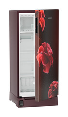 Product image, Perspective: oblique half-open empty, Single-door fridge, 191 l in 2 star with foot pedal base drawer, Casing colour: red, Door colour: Red Divine