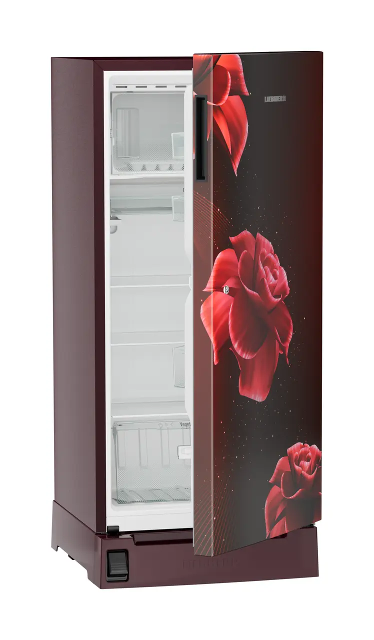 Product image, Perspective: oblique half-open empty, Single-door fridge, 191 l in 2 star with foot pedal base drawer, Casing colour: red, Door colour: Red Divine
