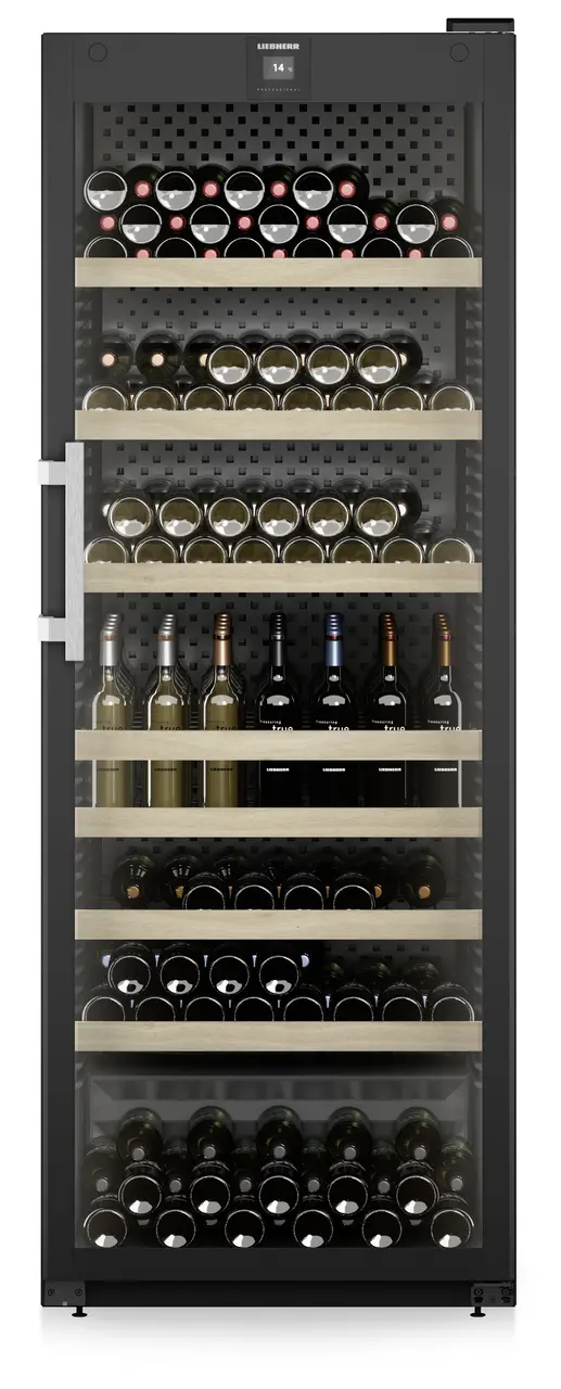 Produkt-Bild, Perspektive: gerade geschlossen dekoriert, Weinschrank Professional, Gehäusefarbe: Schwarz, Türfarbe: Schwarz