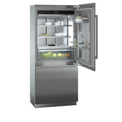 Product image, Perspective: oblique open decorated, Combined refrigerator-freezer with BioFresh and NoFrost for integrated use, Casing colour: grey
