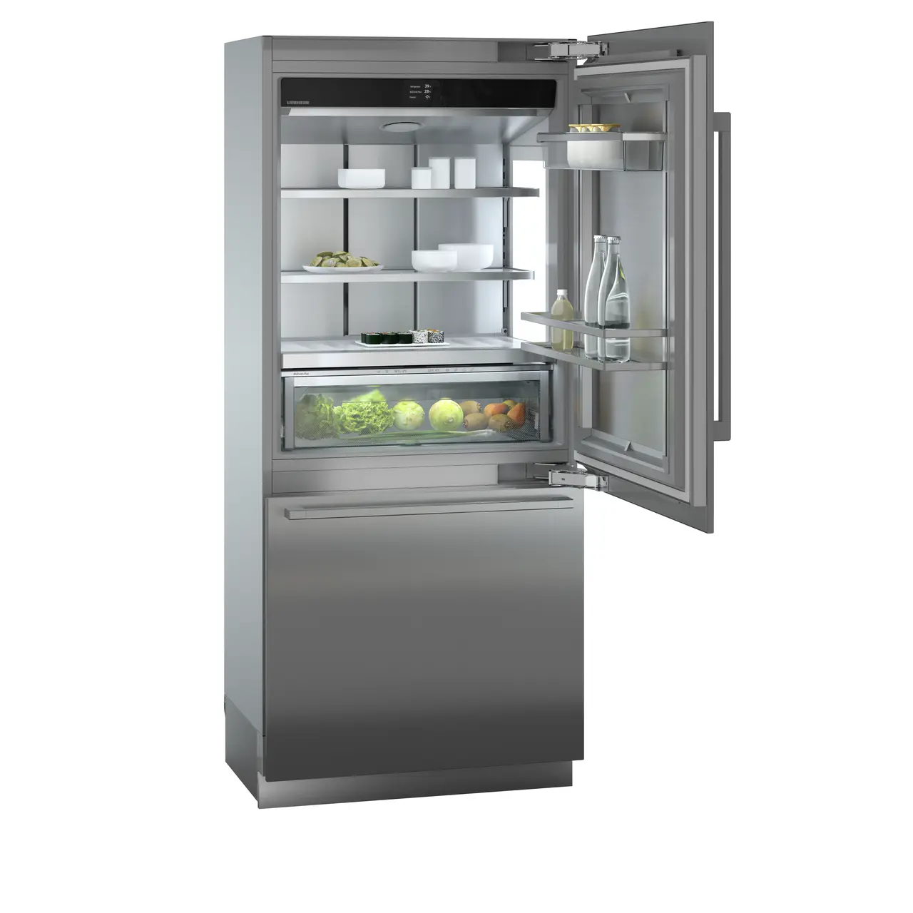 Product image, Perspective: oblique open decorated, Combined refrigerator-freezer with BioFresh and NoFrost for integrated use, Casing colour: grey