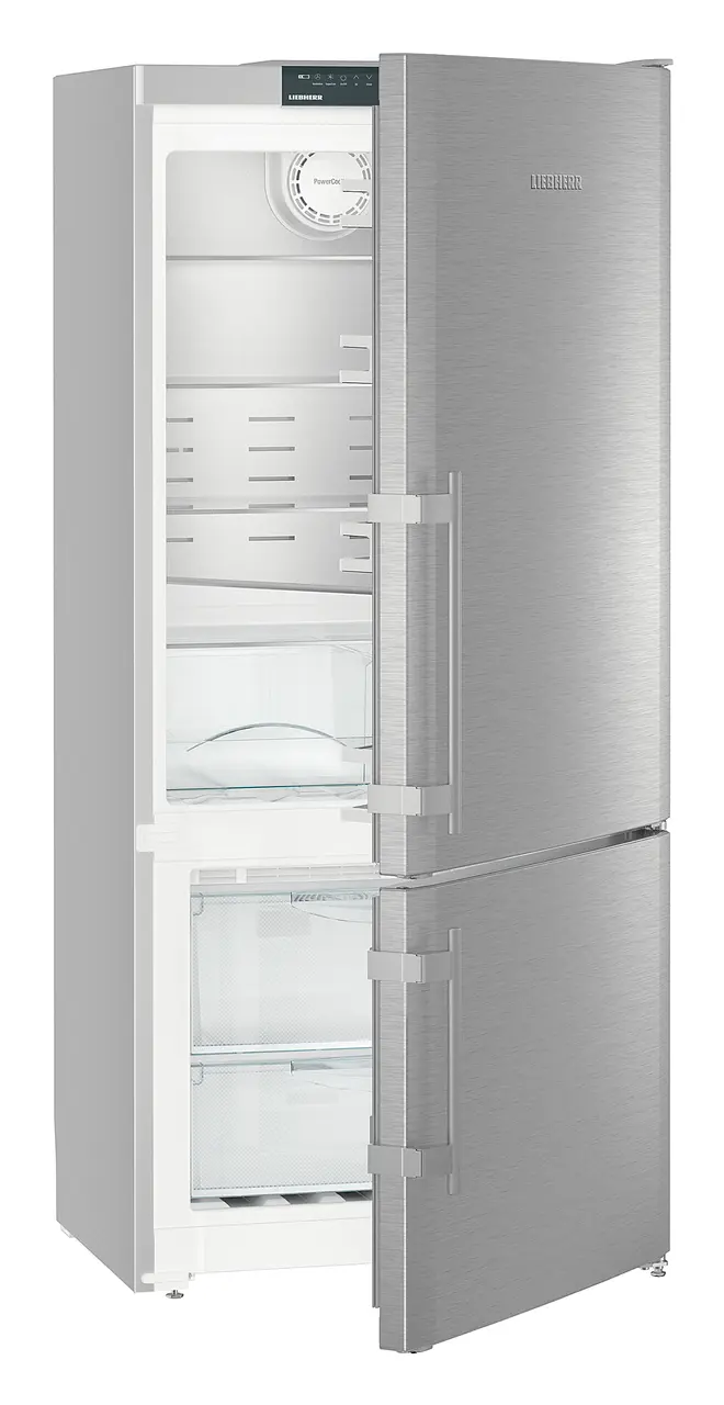 Image de produit, Perspective: Oblique semi-ouvert vide, Combiné réfrigérateur-congélateur avec NoFrost, Couleur de porte: acier inox