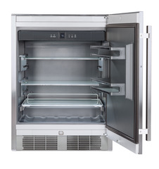 Product image, Perspective: straight open empty, Outdoor fridge, Casing colour: grey, Door colour: stainless steel