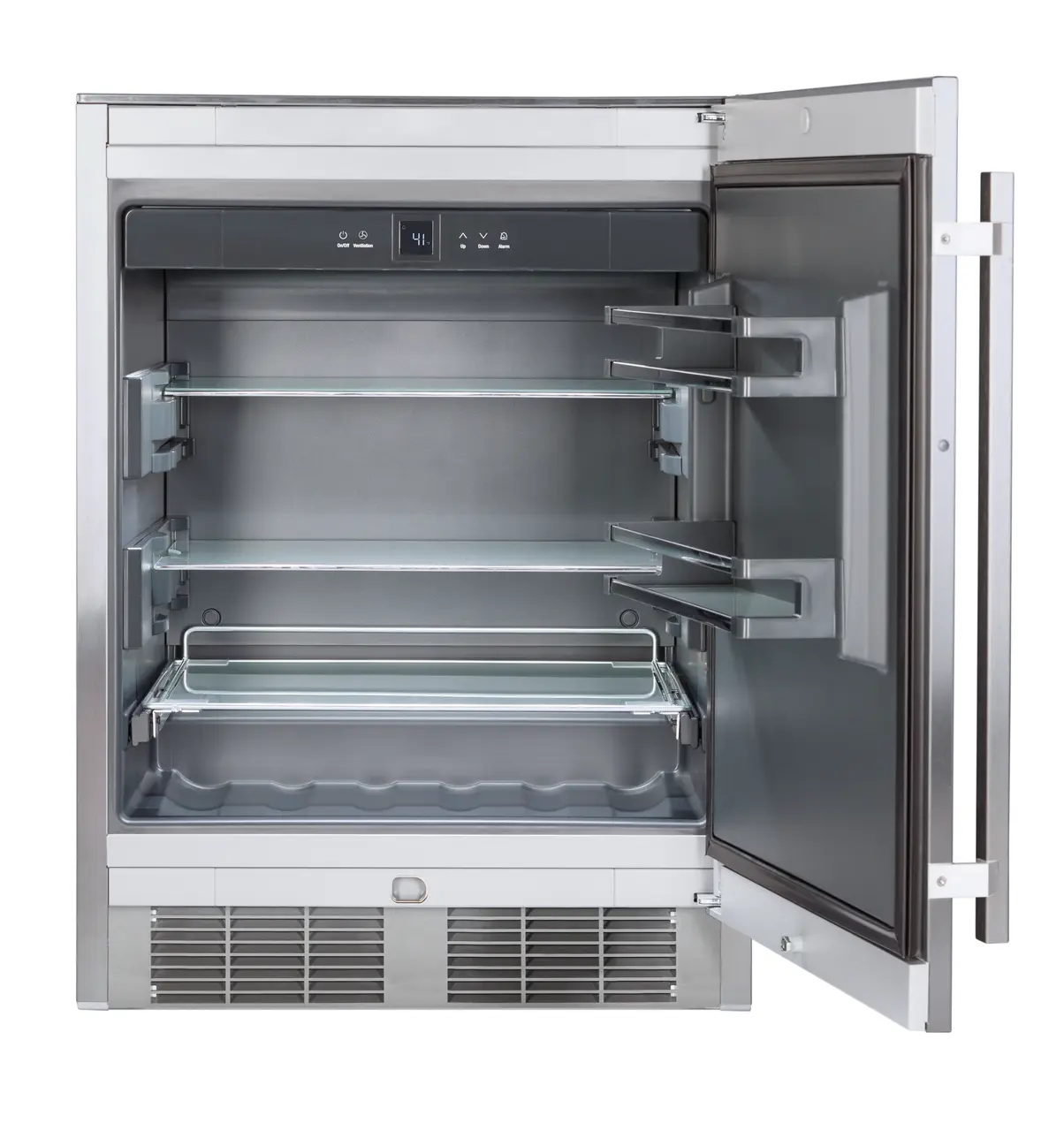 Product image, Perspective: straight open empty, Outdoor fridge, Casing colour: grey, Door colour: stainless steel