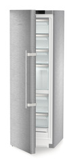 Obrázok produktu, Perspektíva: Šikmo, spotrebič polootvorený, prázdny, Voľne stojaca mraznička s NoFrost a IceTower, Farba steny: Ušľachtilá oceľ, Farba dverí: Ušľachtilá oceľ