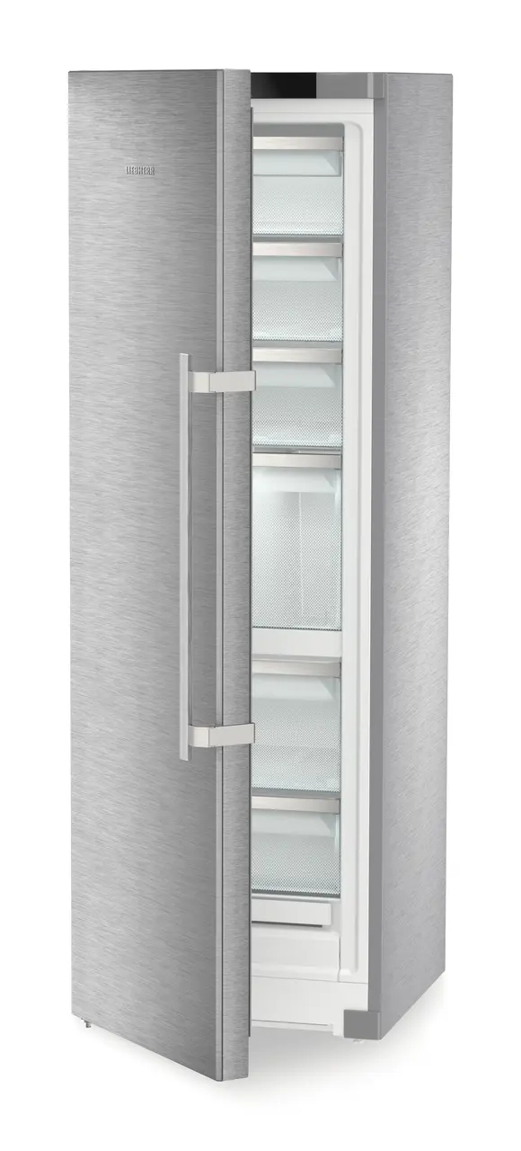 Obrázok produktu, Perspektíva: Šikmo, spotrebič polootvorený, prázdny, Voľne stojaca mraznička s NoFrost a IceTower, Farba steny: Ušľachtilá oceľ, Farba dverí: Ušľachtilá oceľ