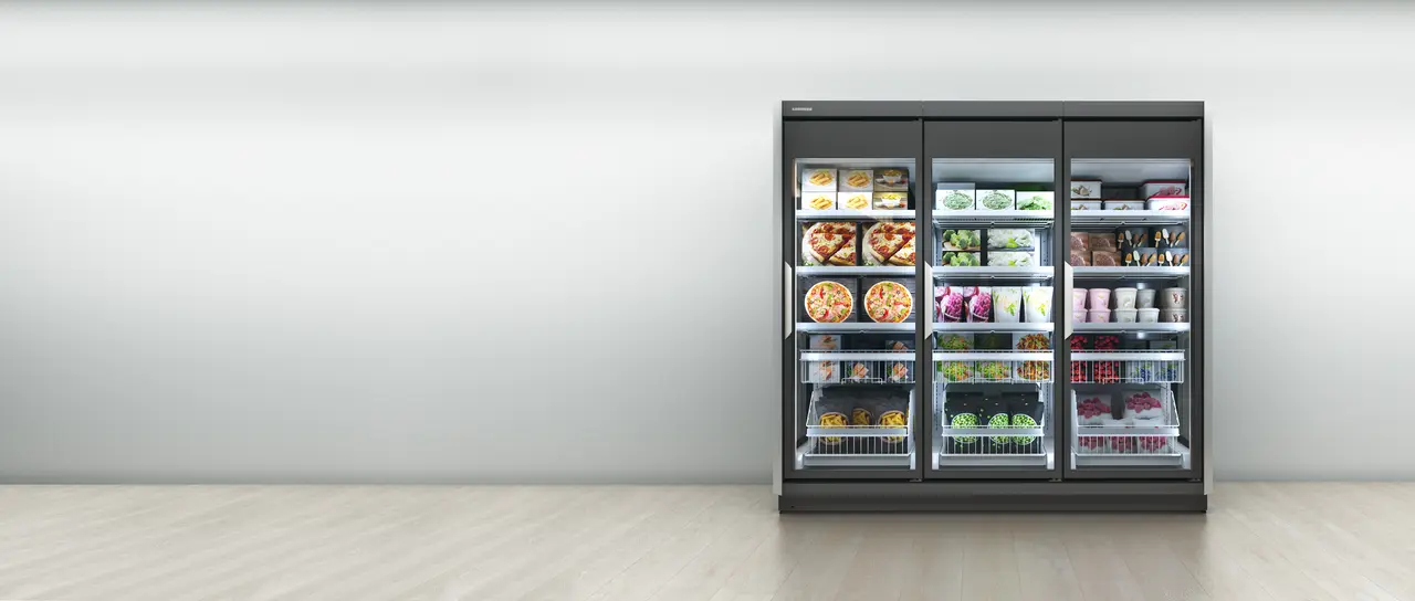 Produkt-Bild, Perspektive: Milieu, Supermarkt-Gefrierschrank, Gehäusefarbe: Grau