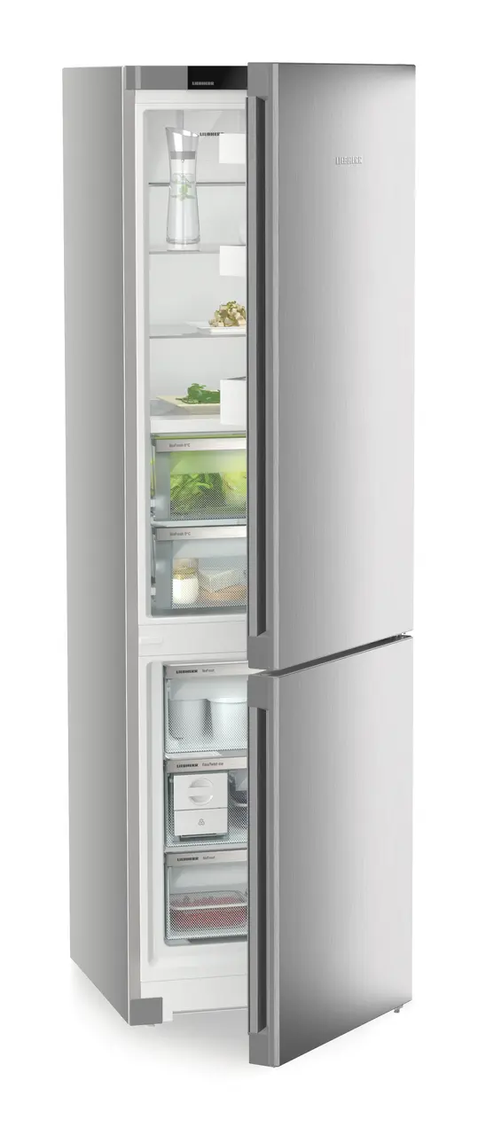 Product image, Perspective: oblique half-open decorated, Fridge-freezer with BioFresh and NoFrost, Casing colour: silver, Door colour: Steelfinish