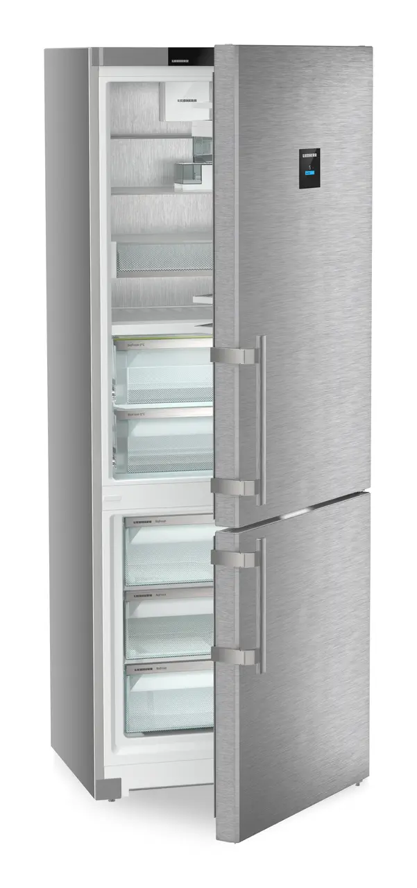 Product image, Perspective: oblique half-open empty, Fridge-freezer with BioFresh and NoFrost, Casing colour: silver, Door colour: stainless steel