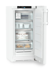 Product image, Perspective: oblique open decorated, Freestanding freezer with NoFrost and EasyTwist-Ice, Casing colour: white, Door colour: white