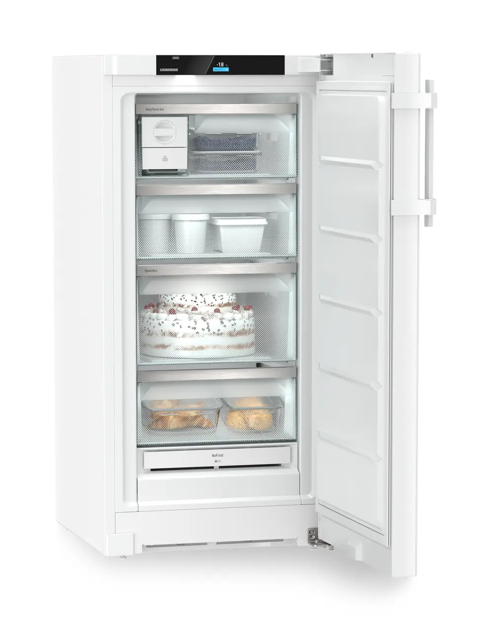 Product image, Perspective: oblique open decorated, Freestanding freezer with NoFrost and EasyTwist-Ice, Casing colour: white, Door colour: white