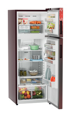 Product image, Perspective: oblique open decorated, Fridge-freezer with NoFrost, Casing colour: red, Door colour: Red Mystiq