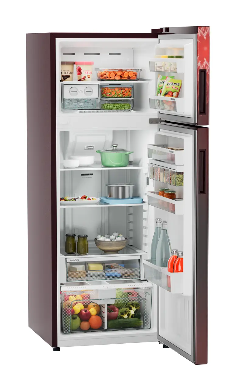 Product image, Perspective: oblique open decorated, Fridge-freezer with NoFrost, Casing colour: red, Door colour: Red Mystiq