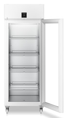 Produkt-Bild, Perspektive: gerade offen leer, Laborkühlgerät mit Umluftkühlung, Gehäusefarbe: Weiß, Türfarbe: Weiß