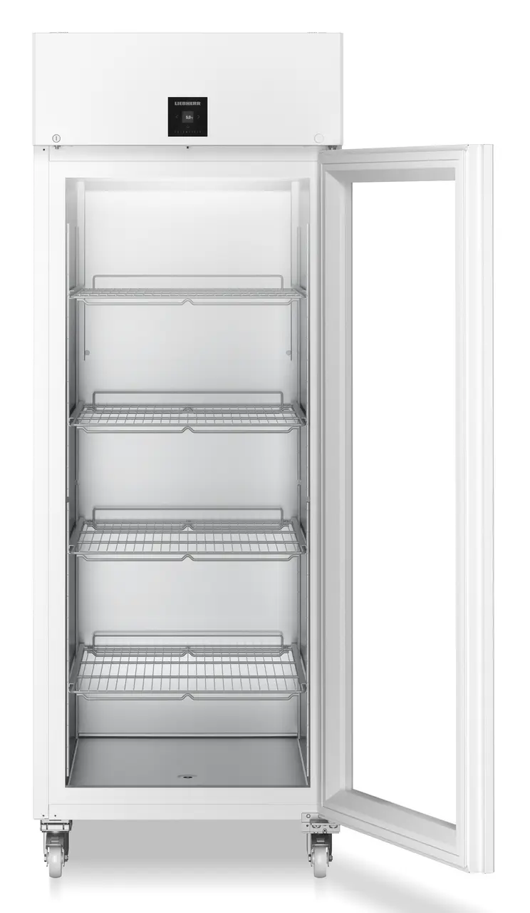 Produkt-Bild, Perspektive: gerade offen leer, Laborkühlgerät mit Umluftkühlung, Gehäusefarbe: Weiß, Türfarbe: Weiß
