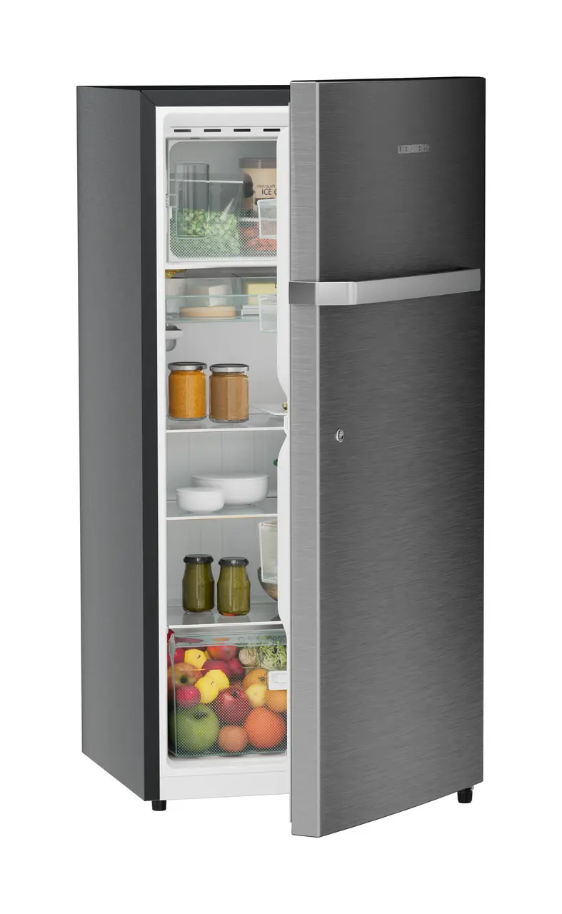Product image, Perspective: oblique half-open decorated, Single-door fridge, 191 l in 2 star and horizontal handle, Casing colour: grey, Door colour: Silver Steel