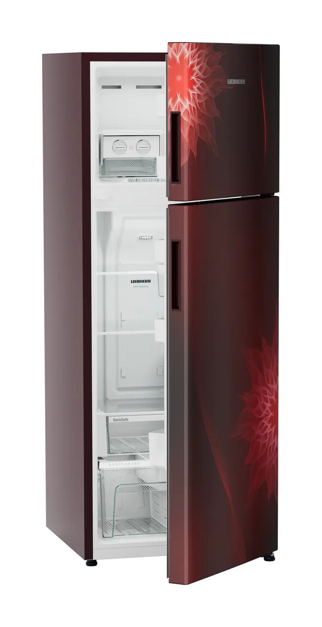 Product image, Perspective: oblique half-open empty, Fridge-freezer with NoFrost, Casing colour: red, Door colour: Red Mystiq