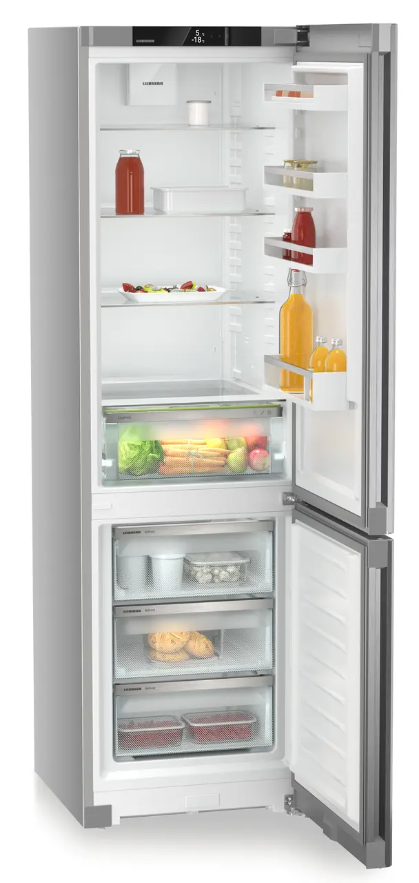Product image, Perspective: oblique open decorated, Combined fridge-freezers with EasyFresh and NoFrost, Casing colour: silver, Door colour: Steelfinish