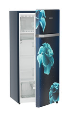 Product image, Perspective: oblique half-open empty, Single-door refrigerator 202 l in 3 star and horizontal handle, Casing colour: blue, Door colour: Blue Divine