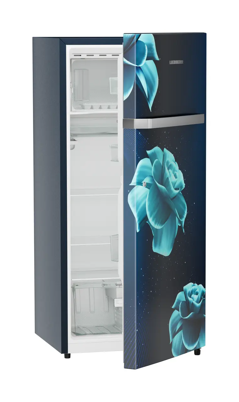 Product image, Perspective: oblique half-open empty, Single-door refrigerator 202 l in 3 star and horizontal handle, Casing colour: blue, Door colour: Blue Divine