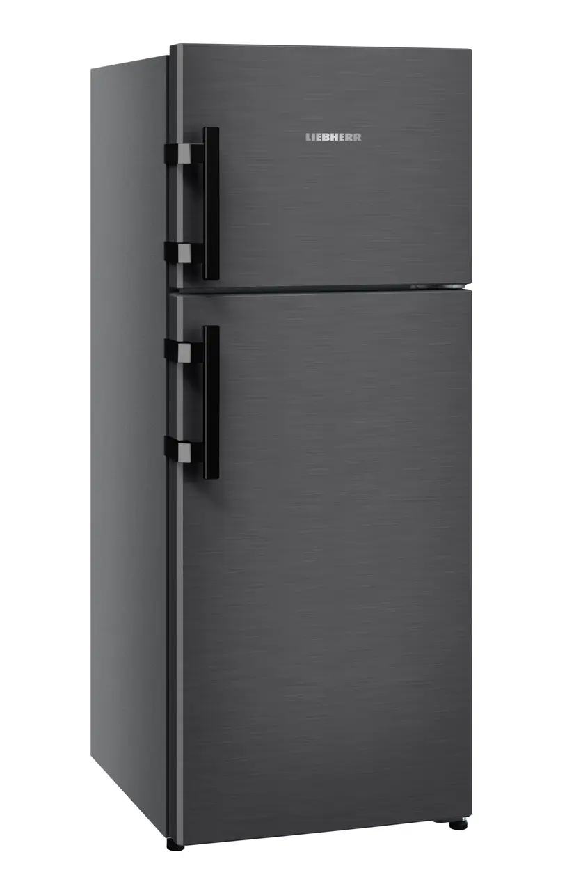 Product image, Perspective: oblique closed, Fridge-freezer with NoFrost, Casing colour: grey, Door colour: BlackSteel