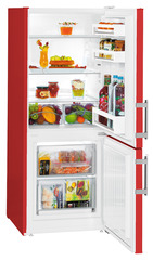 Product image, Perspective: oblique open decorated, Automatic refrigerator-freezer with SmartFrost, Casing colour: red, Door colour: red