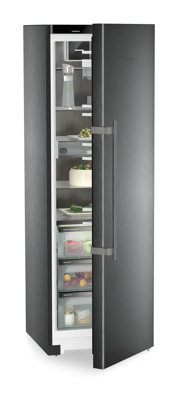 Product image, Perspective: oblique half-open decorated, Freestanding refrigerator with BioFresh Professional, Casing colour: BlackSteel, Door colour: BlackSteel