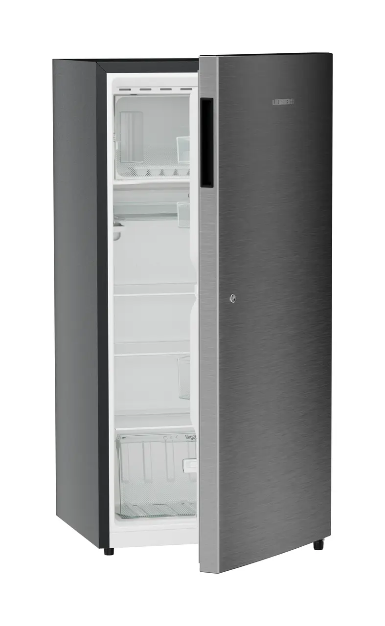 Product image, Perspective: oblique half-open empty, Single-door refrigerator 191 l in 3 star with VegFresh box, Casing colour: grey, Door colour: Silver Steel