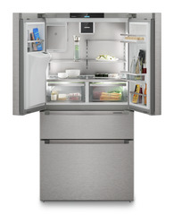 Slika izdelka, Perspektiva: Od spredaj, odprto, dekorirano, Hladilnik z zamrzovalnikom s francoskimi vrati z 2 zamrzovalnima predaloma in razpršilnikom vode in ledenih kock, Barva ohišja: srebrna, Barva vrat: nerjavno jeklo