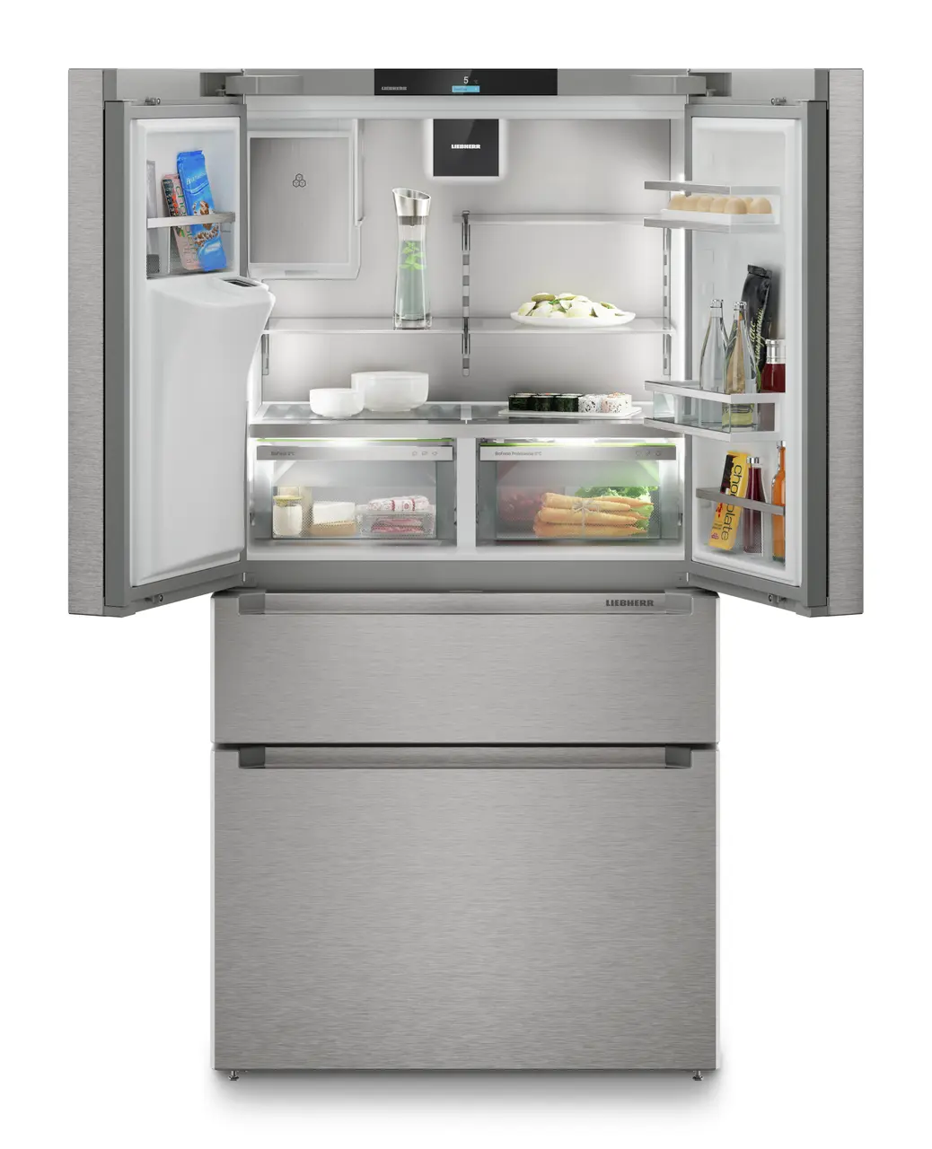 Slika izdelka, Perspektiva: Od spredaj, odprto, dekorirano, Hladilnik z zamrzovalnikom s francoskimi vrati z 2 zamrzovalnima predaloma in razpršilnikom vode in ledenih kock, Barva ohišja: srebrna, Barva vrat: nerjavno jeklo