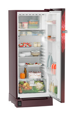 Product image, Perspective: oblique open decorated, Single-door refrigerator 222 l with foot pedal base drawer and iCoolTouch UI, Casing colour: red, Door colour: Red Mystiq