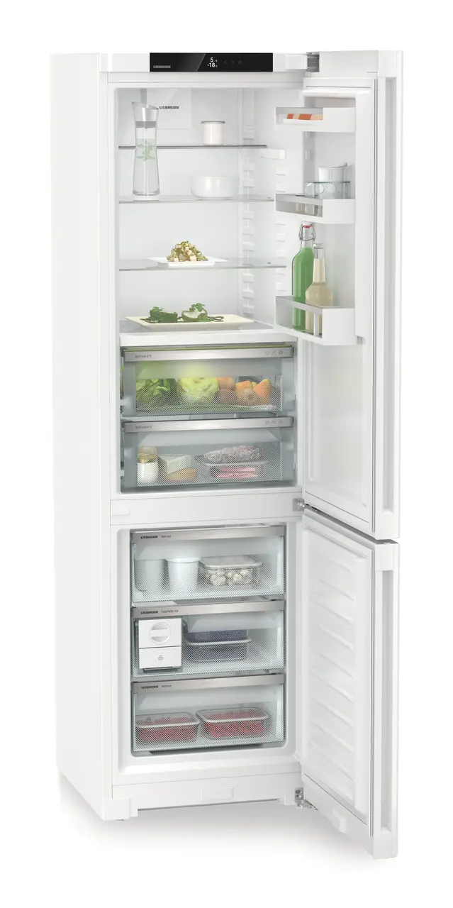 Product image, Perspective: oblique open decorated, Fridge-freezer with BioFresh and NoFrost, Casing colour: white, Door colour: white