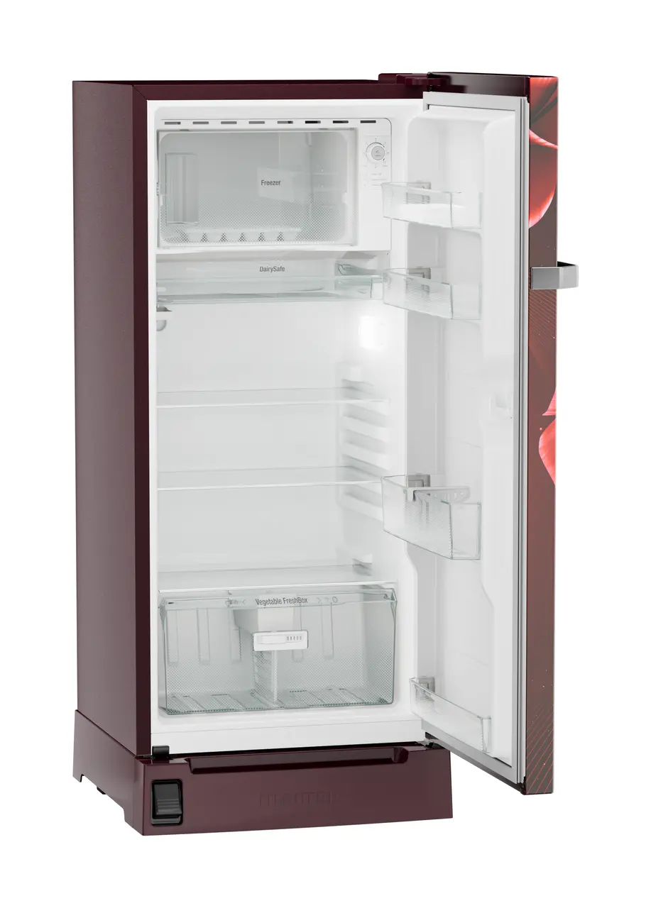 Product image, Perspective: oblique open empty, Single-door refrigerator 191 l in 5 star with inverter compressor, Casing colour: red, Door colour: Red Divine