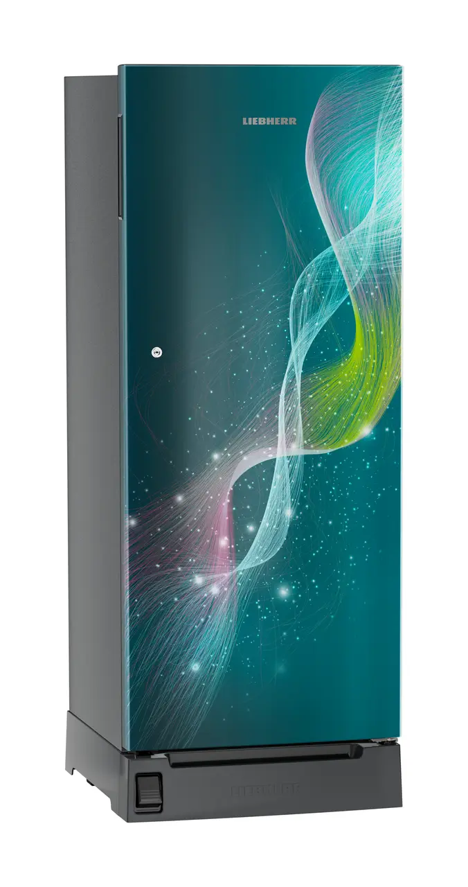 Product image, Perspective: oblique closed, Single-door refrigerator 222 l in 5 star with foot pedal base drawer, Casing colour: grey, Door colour: Teal Strings