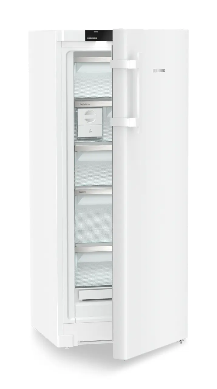 Product image, Perspective: oblique half-open empty, Freestanding freezer with NoFrost and EasyTwist-Ice, Casing colour: white, Door colour: white