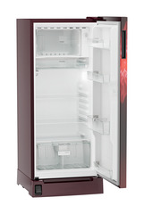 Product image, Perspective: oblique open empty, Single-door refrigerator 202 l in 3 star with foot pedal base drawer, Casing colour: red, Door colour: Red Mystiq