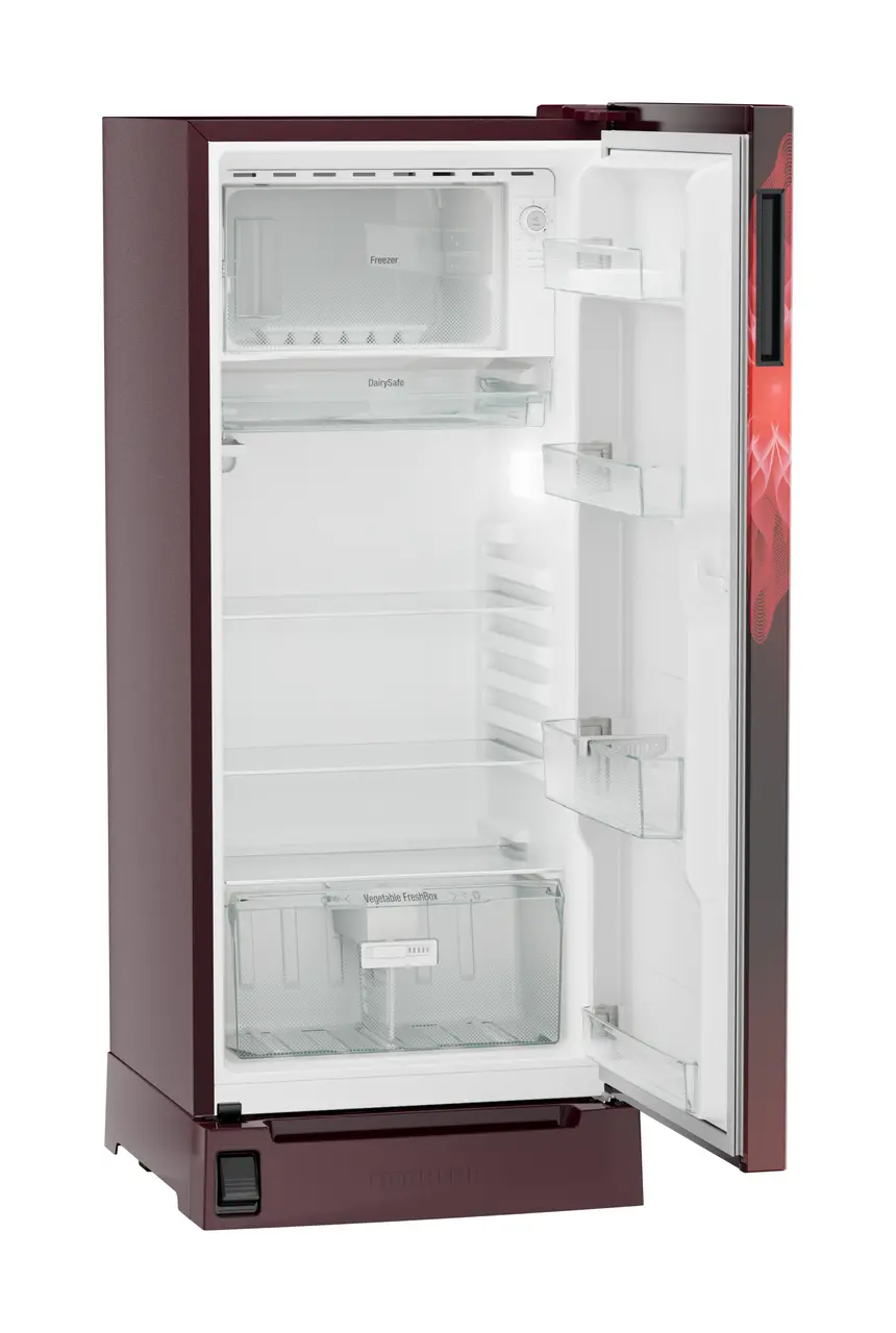 Product image, Perspective: oblique open empty, Single-door refrigerator 202 l in 3 star with foot pedal base drawer, Casing colour: red, Door colour: Red Mystiq