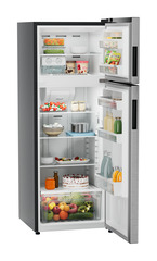 Product image, Perspective: oblique open decorated, Fridge-freezer with NoFrost, Casing colour: grey, Door colour: Silver Steel