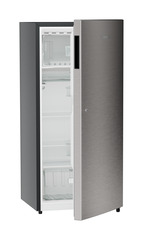 Product image, Perspective: oblique half-open empty, Single-door refrigerator 202 l in 3 star with VegFresh box, Casing colour: grey, Door colour: Stainless Steel