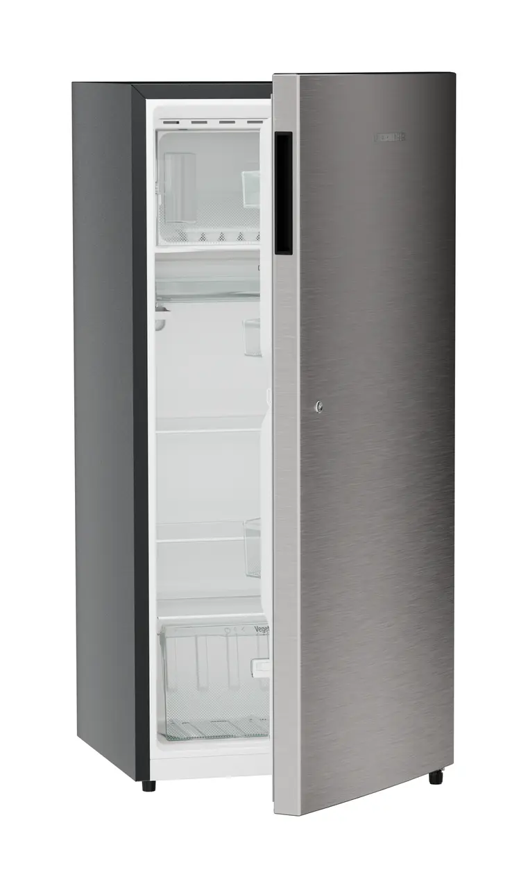 Product image, Perspective: oblique half-open empty, Single-door refrigerator 202 l in 3 star with VegFresh box, Casing colour: grey, Door colour: Stainless Steel