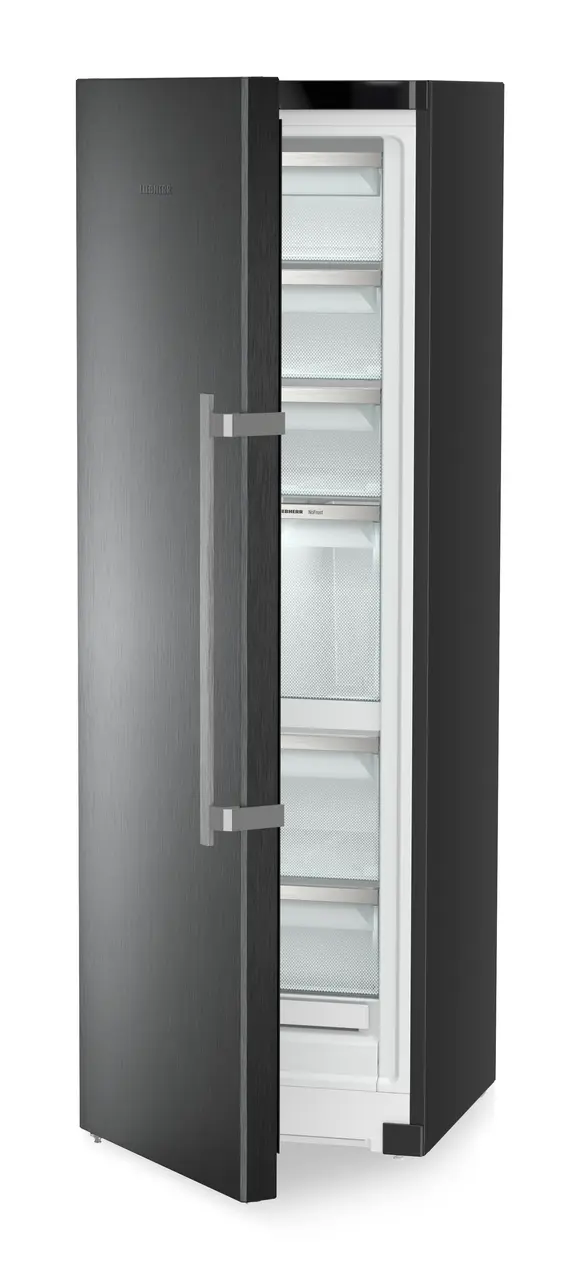 Produkt-Bild, Perspektive: schräg halb offen leer, Standgefrierschrank mit NoFrost, Gehäusefarbe: BlackSteel, Türfarbe: BlackSteel