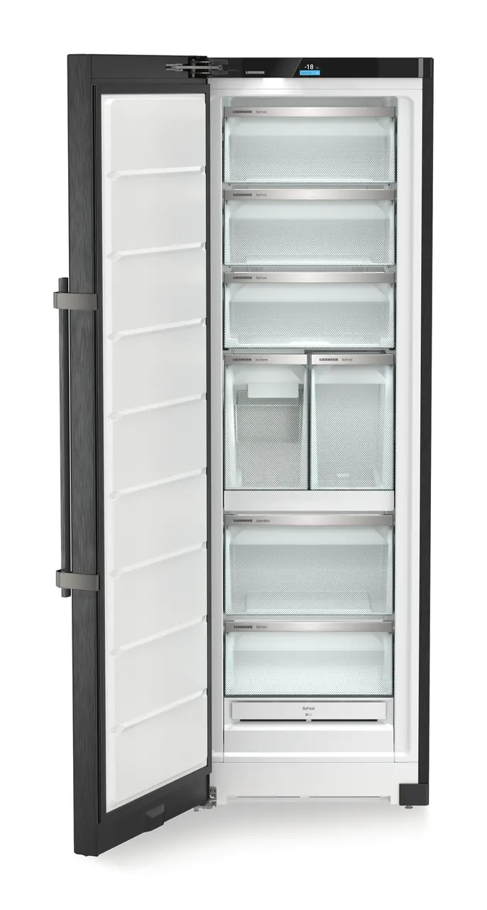 Product image, Perspective: straight open empty, Freestanding freezer with NoFrost and IceTower, Casing colour: BlackSteel, Door colour: BlackSteel