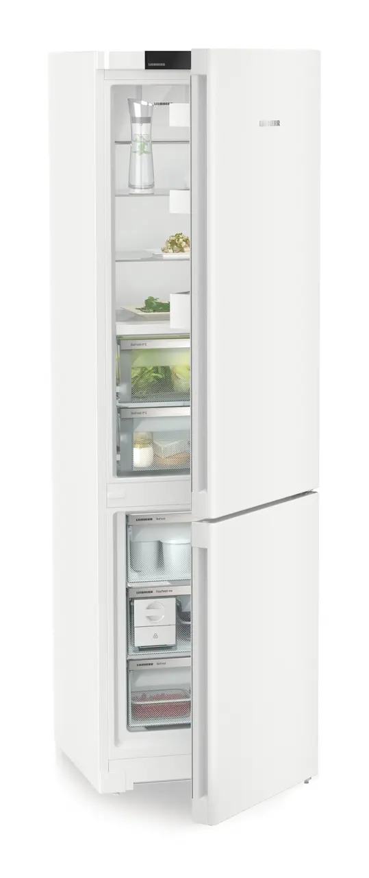 Product image, Perspective: oblique half-open decorated, Fridge-freezer with BioFresh and NoFrost, Casing colour: white, Door colour: white