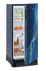 Product image, Perspective: oblique half-open decorated, Single-door refrigerator 191 l in 3 star with foot pedal base drawer, Casing colour: blue, Door colour: Azure Strings
