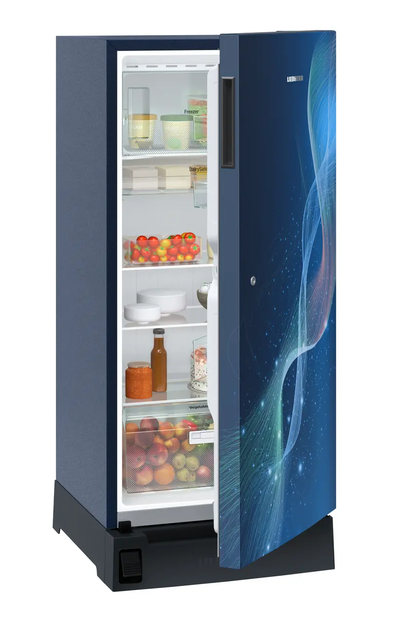 Product image, Perspective: oblique half-open decorated, Single-door refrigerator 191 l in 3 star with foot pedal base drawer, Casing colour: blue, Door colour: Azure Strings