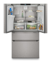 Product image, Perspective: straight open decorated, French door fridge-freezer with 2 freezer drawers and water and ice cube dispenser, Casing colour: silver, Door colour: stainless steel